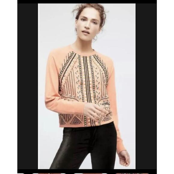 Anthropologie Akemi + Kin Peach Embroidered Beaded Sweatshirt - Picture 1 of 7